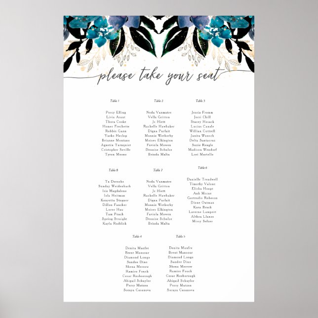 Blue aquamarin Floral Wedborder Poster (Vorne)