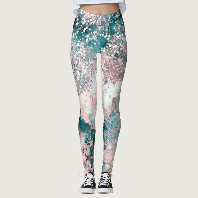 Blue Aquamarin Galaxy Rose Glitzer Elegantes Desig Leggings (Vorderseite)