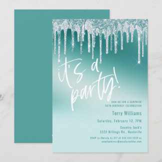 Blue Aquamarin Glitzer Überraschung 50. Geburtstag Einladung