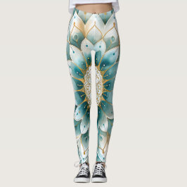 Blue Aquamarin Gold Floral Mandala Leggings