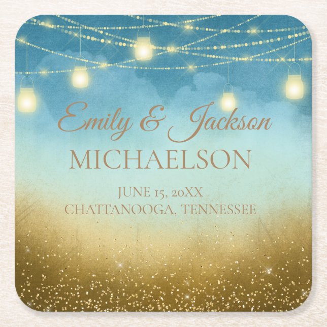 Blue Aquamarin Gold String LIghts Mason Jars Weddi Rechteckiger Pappuntersetzer (Vorderseite)