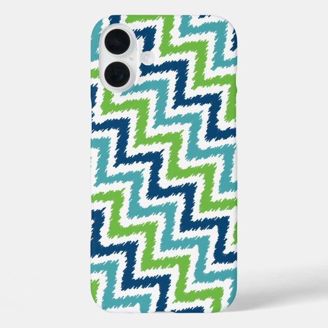 Blue Aquamarin Green Diagonal Zigzag Ikat Pattern iPhone 16 Plus Hülle (Rückseite)