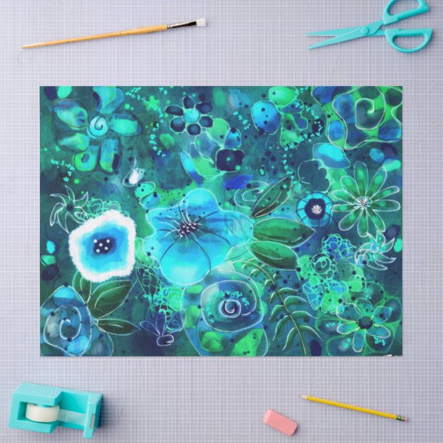 Blue Aquamarin Green Floral Abstrakte Blume Dekoup Seidenpapier (Basteln)