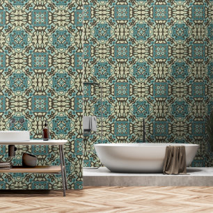 Blue Aquamarin Green Taupe Brown Bohemisch Stamm A Tapete