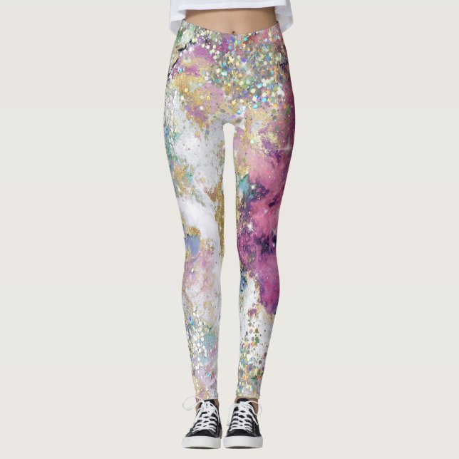 Blue Aquamarin Lila Gold Galaxy Star Glitzer Elega Leggings (Vorderseite)