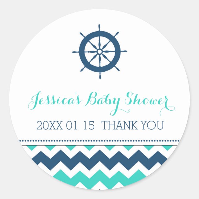 Blue Aquamarin Nautical Baby Dusche Pflegeaufklebe Runder Aufkleber (Vorderseite)