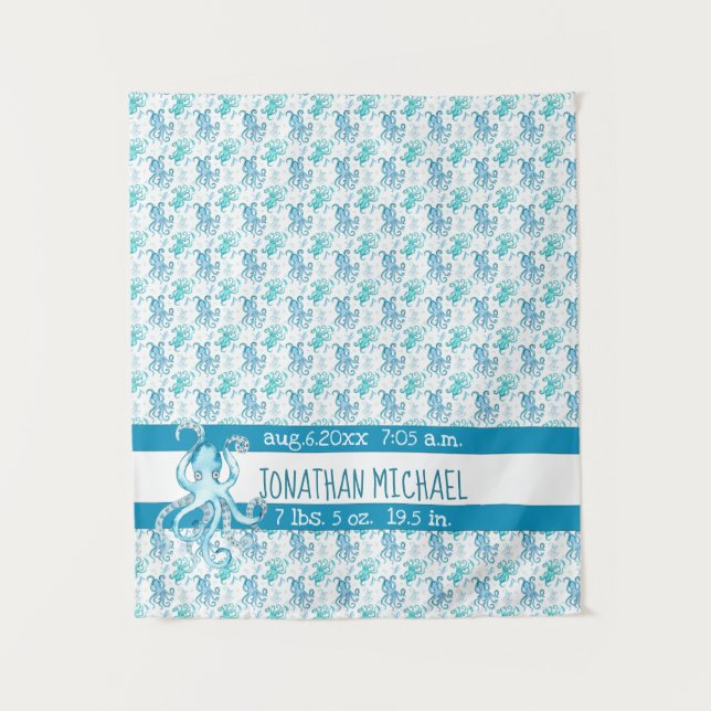 Blue & Aquamarin Octopus Baby's Name Birth Stats Wandteppich (Vorderseite)