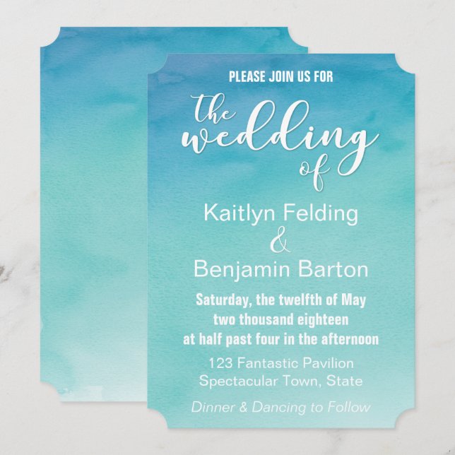 Blue & Aquamarin Ombre Watercolor Wedding Einladun Einladung (Vorne/Hinten)
