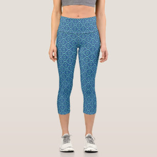 Blue Aquamarin Openwork Lace Pattern Capri Leggings