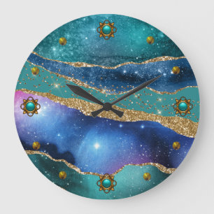 Blue Aquamarin und Gold Agate  Große Wanduhr