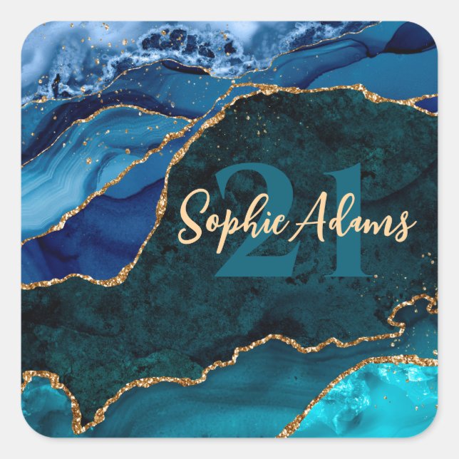 Blue, Aquamarin und Gold Glitzer Peacock Agate Bir Quadratischer Aufkleber (Vorderseite)