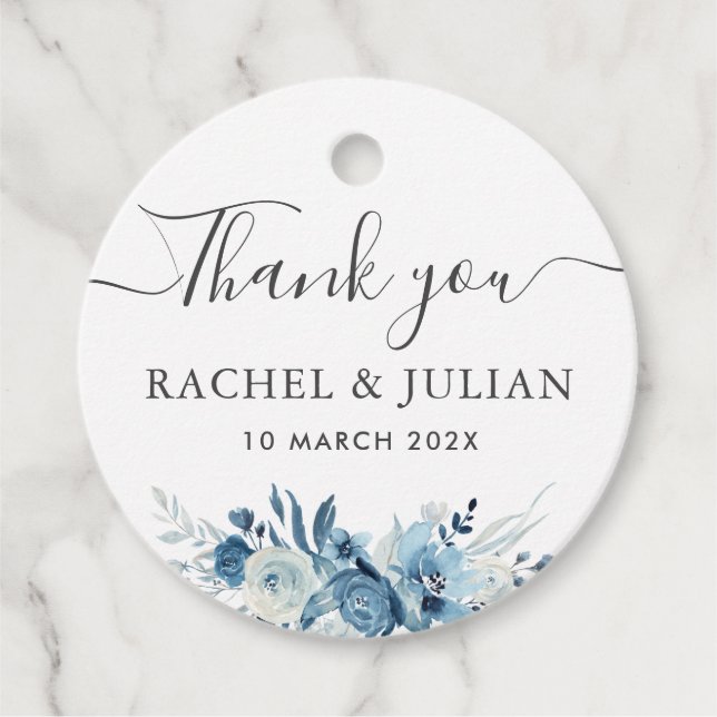 Blue Aquarell Blumengrün danke Ihnen Hochzeit Geschenkanhänger (Vorderseite)