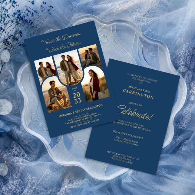 Blue Arched Collage Double Grads Twins TMF26 Einladung (Stylish double graduation invitation with five arched photo placeholders and gold faux effect.)
