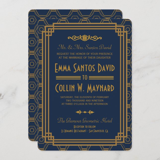 Blue Art Deco Wedding Invites Einladung (Vorne/Hinten)