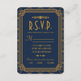Blue Art Deco Wedding RSVP Cards