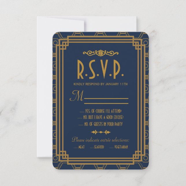 Blue Art Deco Wedding RSVP Cards Karte (Vorderseite)