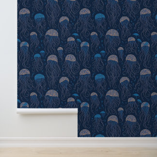 Blue Art Nouveau Jellyfish Sea Life Pattern Tapete