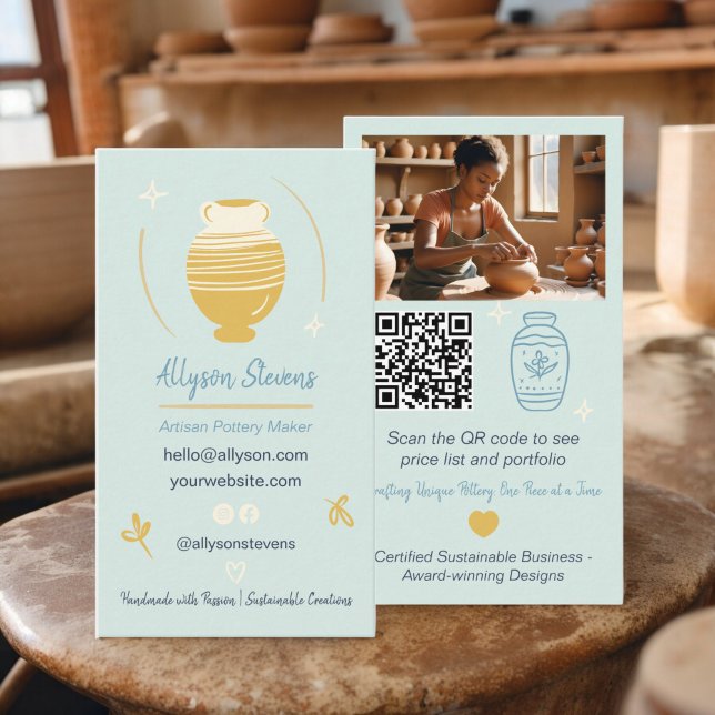 Blue Artisan Pottery Maker Crafts Foto qr Visitenkarte (Blue Artisan Pottery Maker Crafts photo qr code Business Card)
