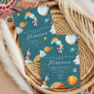 Blue Astronaut Balloon Planets 1st Trip Around Einladung