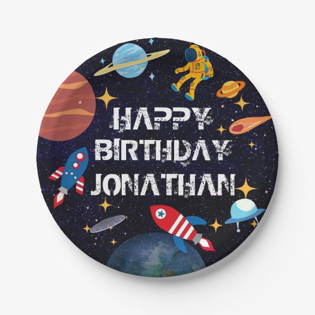 Blue Astronaut Birthday Planets Name Pappteller (Vorderseite)
