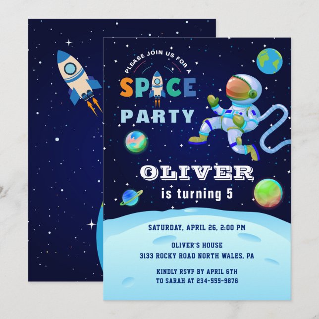 Blue Astronaut Galaxy Weltraumbahnhof Party Geburt Einladung (Vorne/Hinten)
