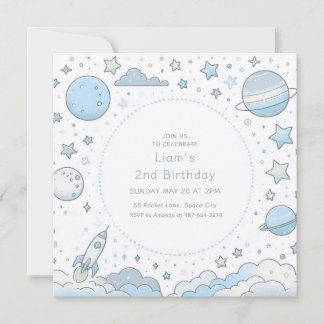 Blue Astronaut Outer Space Rocket Kindergeburtstag Einladung