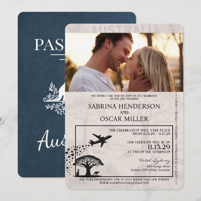 Blue Australia Passport Wedding Einladung (Vorne/Hinten)