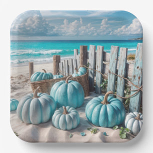 Blue Autumn Beach Pumpkins Pappteller