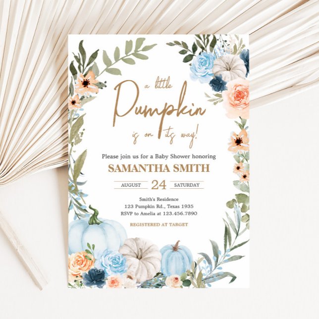 Blue Autumn Blume Pumpkin Baby Dusche Einladung (Autumn Little Pumpkin Baby Shower Invitation)
