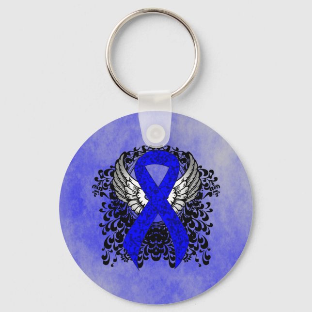 Blue Awareness Ribbon mit Flügen Schlüsselanhänger (Vorderseite)