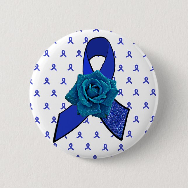 Blue Awareness Ribbon mit Rose mit Teertropfen Button (Vorderseite)