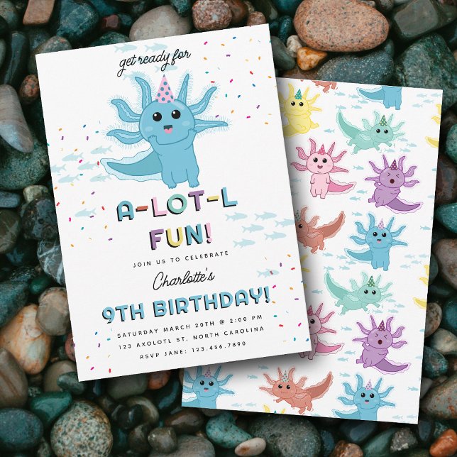 Blue Axolotkids Niedlich Salamander Geburtstagspar Einladung (Blue Axolotl Kids Cute Salamander Birthday Party Invitation)