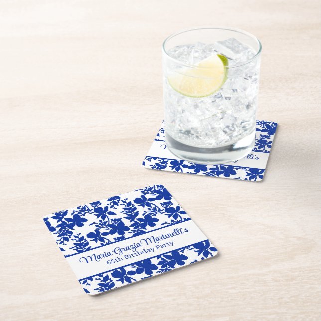 Blue Azure Floral Pattern | Chic Birthday Party Rechteckiger Pappuntersetzer (Vor Ort)