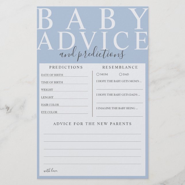 Blue Baby Advice & Predictions Baby Shower Game (Vorderseite)