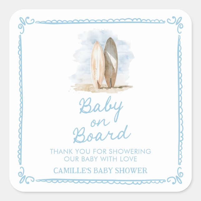 Blue Baby an Board Summer Baby Dusche Quadratischer Aufkleber (Vorderseite)