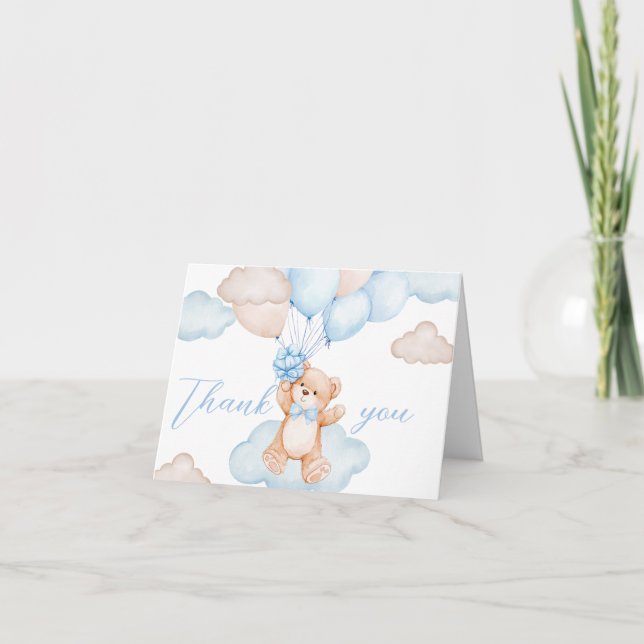 Blue Baby Bear Balloon Baby Dusche Dankeskarte (Vorderseite)