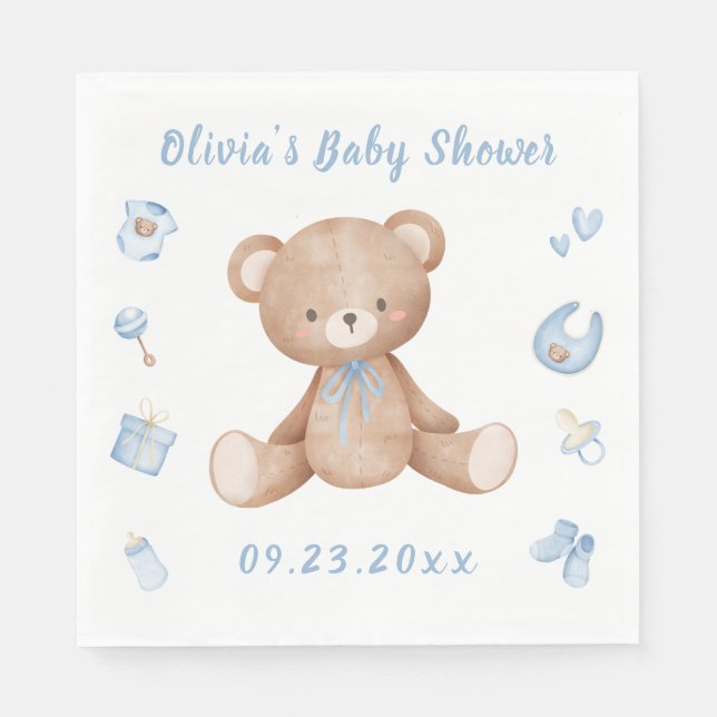 Blue Baby Bear Boy Niedlich Baby Dusche Serviette (Vorderseite)