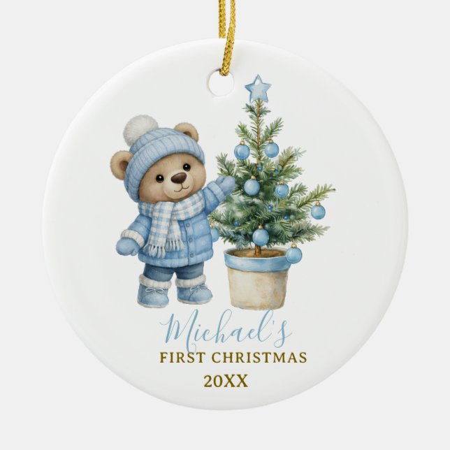 Blue Baby Bear First Christmas Keepsake Keramik Ornament (Vorne)