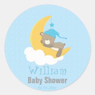 Blue Baby Bear Schlafen auf dem Mond - Babydusche Runder Aufkleber