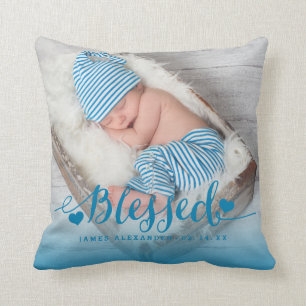 Blue Baby Birth Photo Keepsaké Jeter oreiller