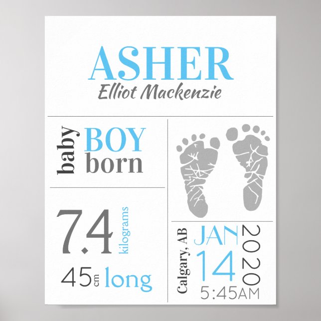 Blue Baby Birth Stat-Zeichen mit Fußabdruck Poster (Vorne)