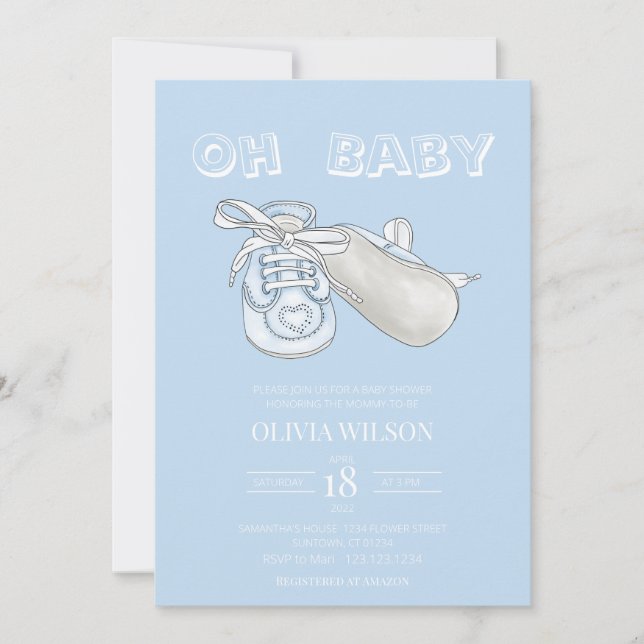 Blue Baby Bootie Watercolor Baby Dusche Einladung (Vorderseite)