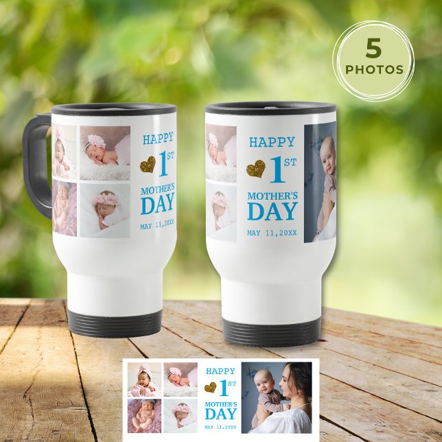 Blue Baby Boy 1st Mother's Day 5 Foto Collage Reisebecher (Blue Baby Boy 1st Mother's Day 5 Photo Collage Travel Mug
)