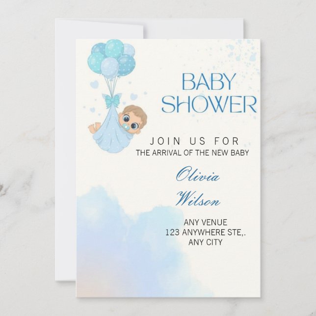Blue Baby Boy Balloon Shower Invite Einladung (Vorderseite)