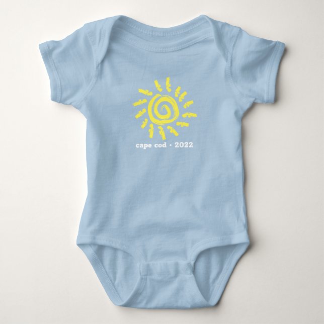 Blue Baby Boy Bodysuit Yellow Sun Fun Logo Baby Strampler (Vorderseite)