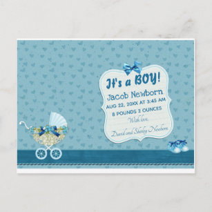 Blue Baby Boy Carriage Birth Ankündigung Postkarte
