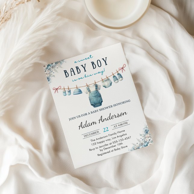Blue Baby Boy Clothesline Baby Dusche Einladung (Von Creator hochgeladen)