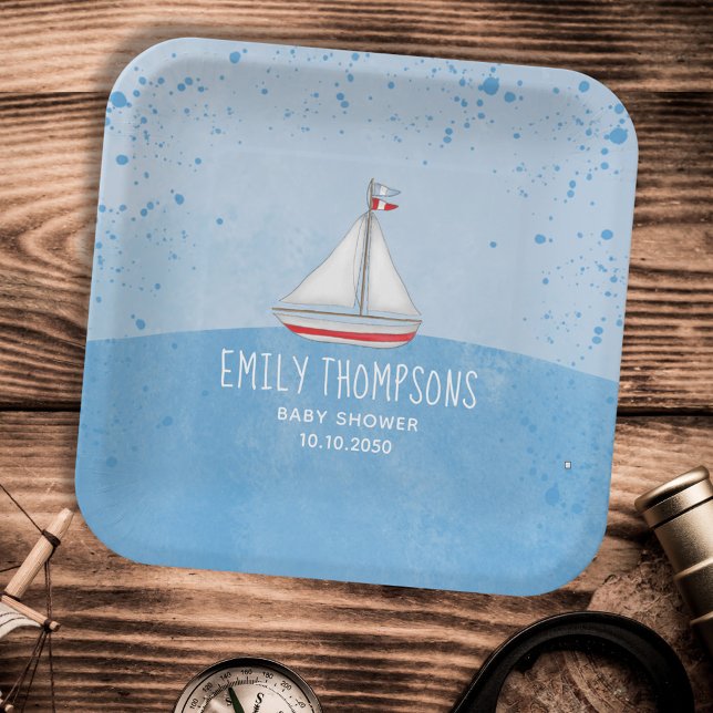 Blue Baby Boy Dusche Wasserfarbe Sailboat Pappteller (Von Creator hochgeladen)