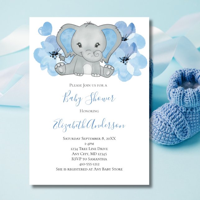 Blue Baby Boy Elephant Baby Dusche Blume Ballon Einladung (Baby Boy Blue Elephant Baby Shower Invitation. Printed or Instant Digital Download)