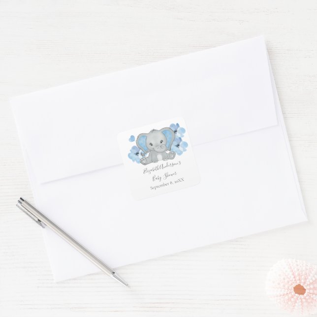 Blue Baby Boy Elephant Baby Dusche Blume Ballon Quadratischer Aufkleber (Umschlag)